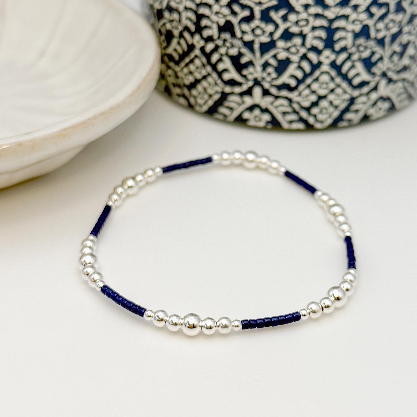 Moonlight | 925 Sterling Silver with Navy Seed Beads Bracelet Stack | Tiny Bead Bracelet  | Beaded Stretch Bracelet Set |
