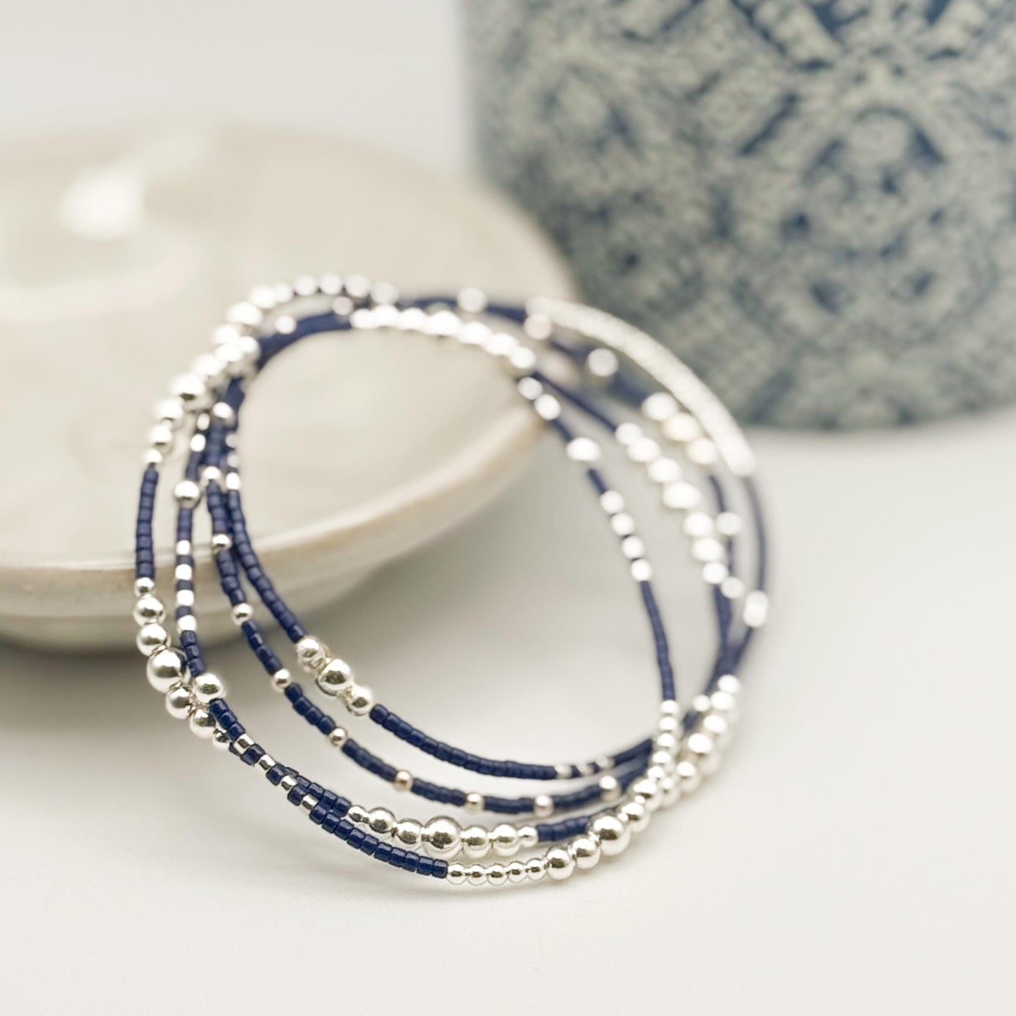 Moonlight | 925 Sterling Silver with Navy Seed Beads Bracelet Stack | Tiny Bead Bracelet  | Beaded Stretch Bracelet Set |