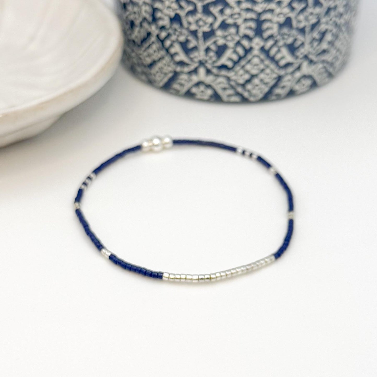 Moonlight | 925 Sterling Silver with Navy Seed Beads Bracelet Stack | Tiny Bead Bracelet  | Beaded Stretch Bracelet Set |