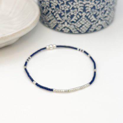 Moonlight | 925 Sterling Silver with Navy Seed Beads Bracelet Stack | Tiny Bead Bracelet  | Beaded Stretch Bracelet Set |