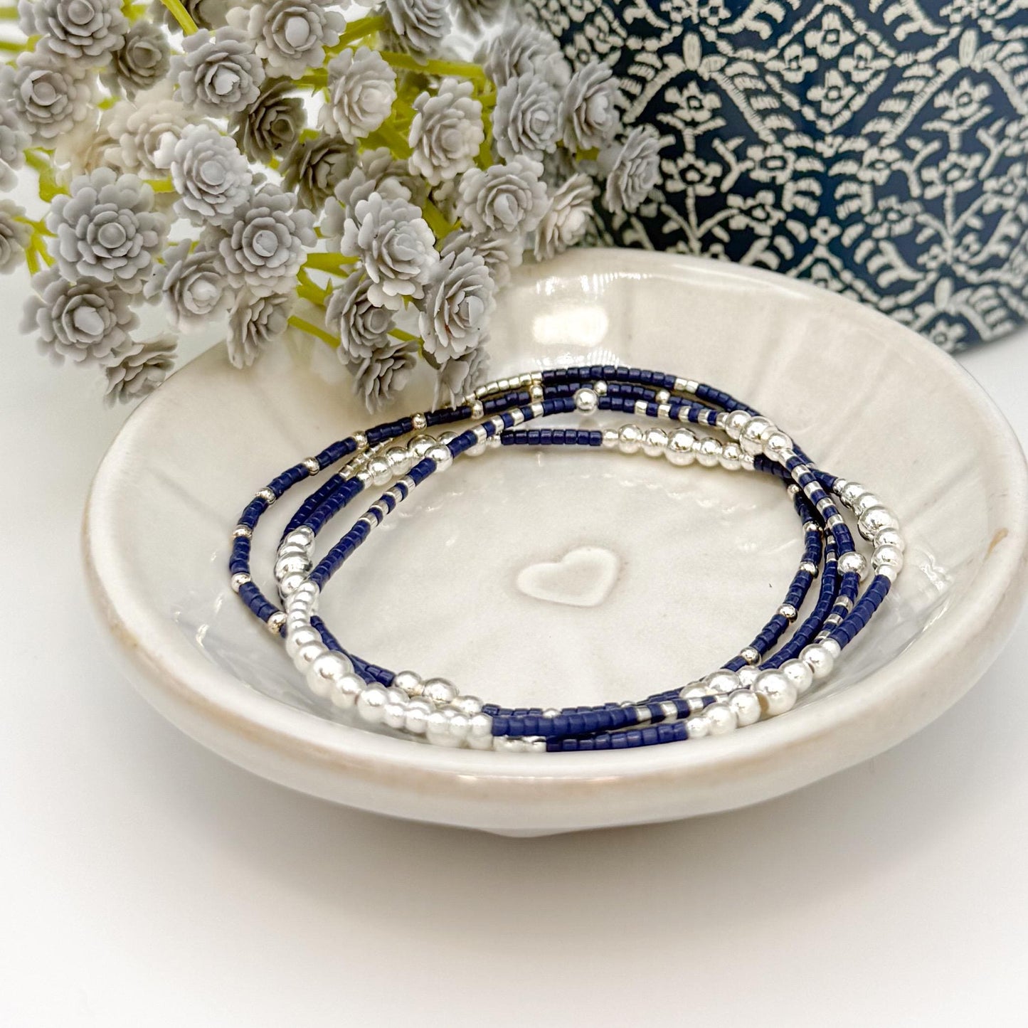 Moonlight | 925 Sterling Silver with Navy Seed Beads Bracelet Stack | Tiny Bead Bracelet  | Beaded Stretch Bracelet Set |