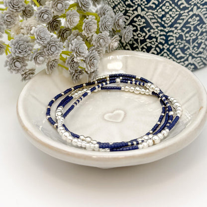 Moonlight | 925 Sterling Silver with Navy Seed Beads Bracelet Stack | Tiny Bead Bracelet  | Beaded Stretch Bracelet Set |