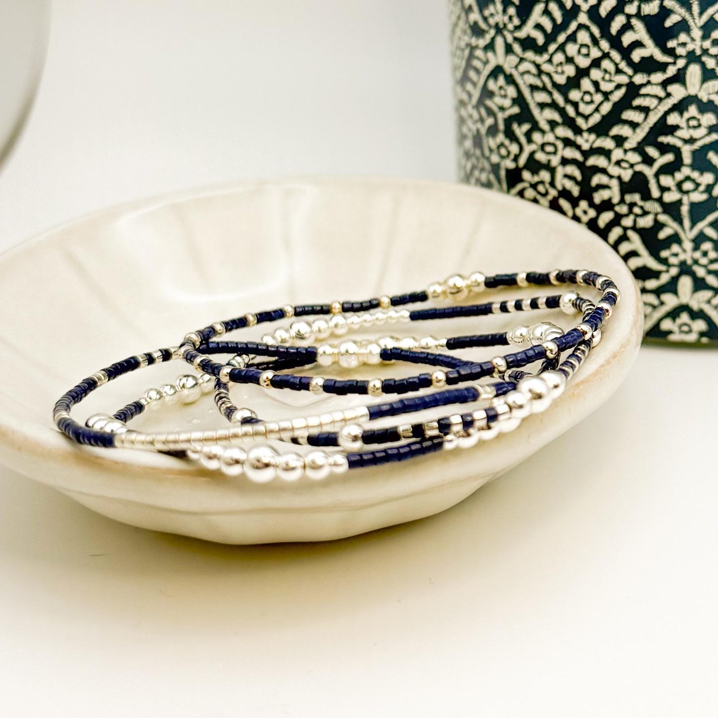 Moonlight | 925 Sterling Silver with Navy Seed Beads Bracelet Stack | Tiny Bead Bracelet  | Beaded Stretch Bracelet Set |