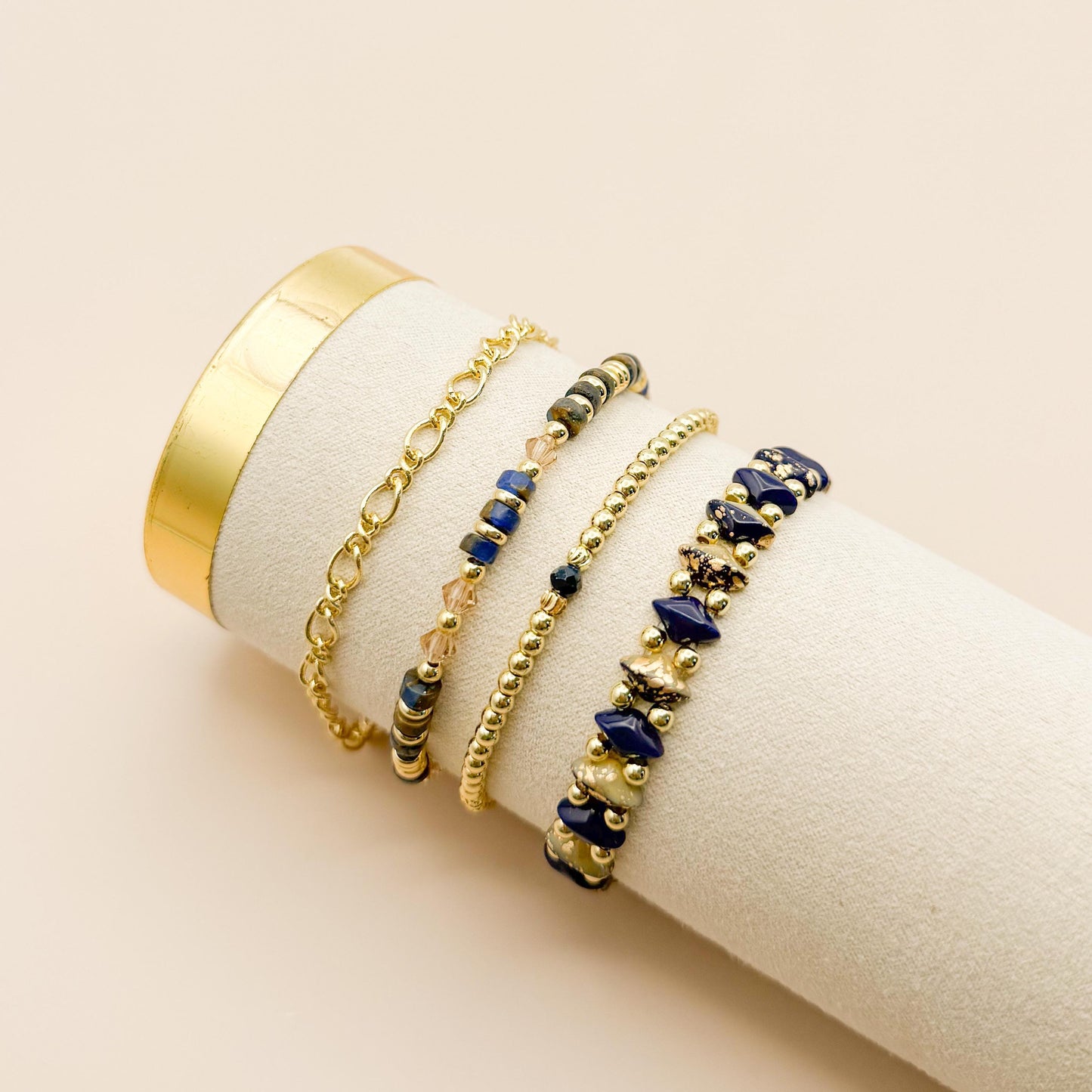 Timeless Stack | 18k gold filled with Navy Diamond Shape Beads and Jasper Stone |Beaded Stretch Bracelet | Vintage Bead| Chain | Chunky Gold