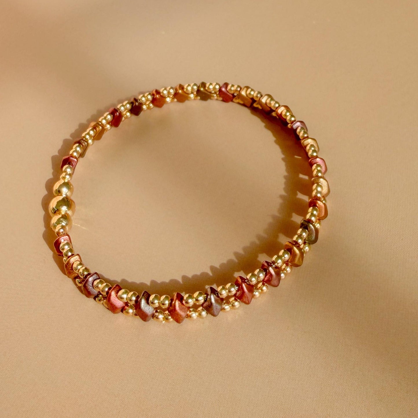 Horizon Bracelet | 18k Gold Filled with Mini Multicolor Diamond Shape Bead | Link Design | Beaded Stretch Bracelet | Dainty | Brown & Golden