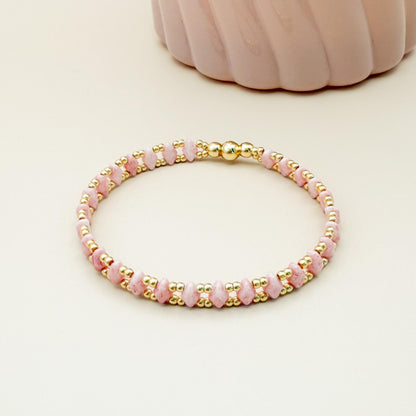 Aurora Bracelet | 18k Gold Filled with Mini Pink Diamond Shape Bead | Link Design | Beaded Stretch Bracelet | Dainty Bracelet |