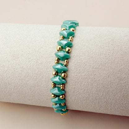 Aqua Bracelet | 18k Gold Filled with Teal Diamond Shape Bead | Link Design | Beaded Stretch Bracelet | Dainty Bracelet |