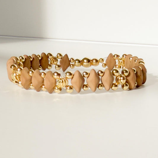 Lana Bracelet | 18k Gold Filled with Light Brown Diamond Shape Bead | Link Design | Beaded Stretch Bracelet | Dainty Bracelet