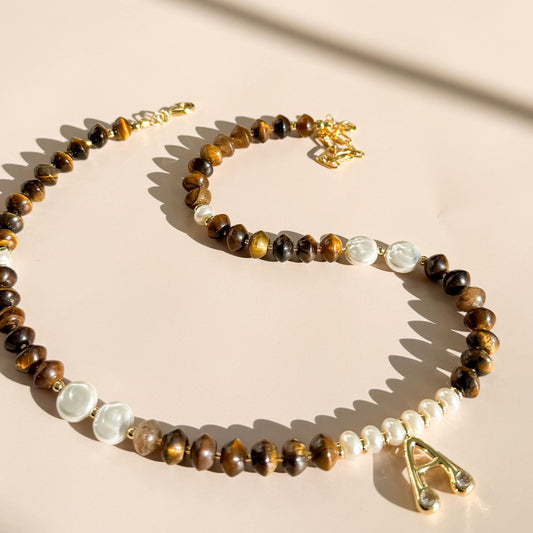 Initial with Stone and Pearl Beaded Necklace | 18k Gold Filled Beads with Tiger's Eye Gemstone Beads and Pearl | Letter Pendant