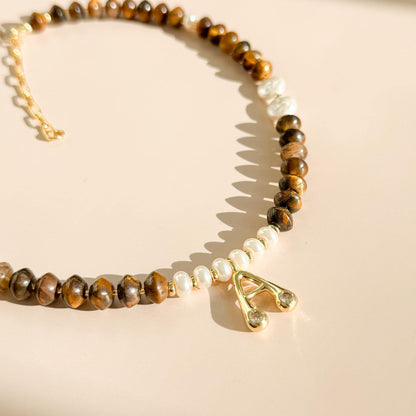 Initial with Stone and Pearl Beaded Necklace | 18k Gold Filled Beads with Tiger's Eye Gemstone Beads and Pearl | Letter Pendant