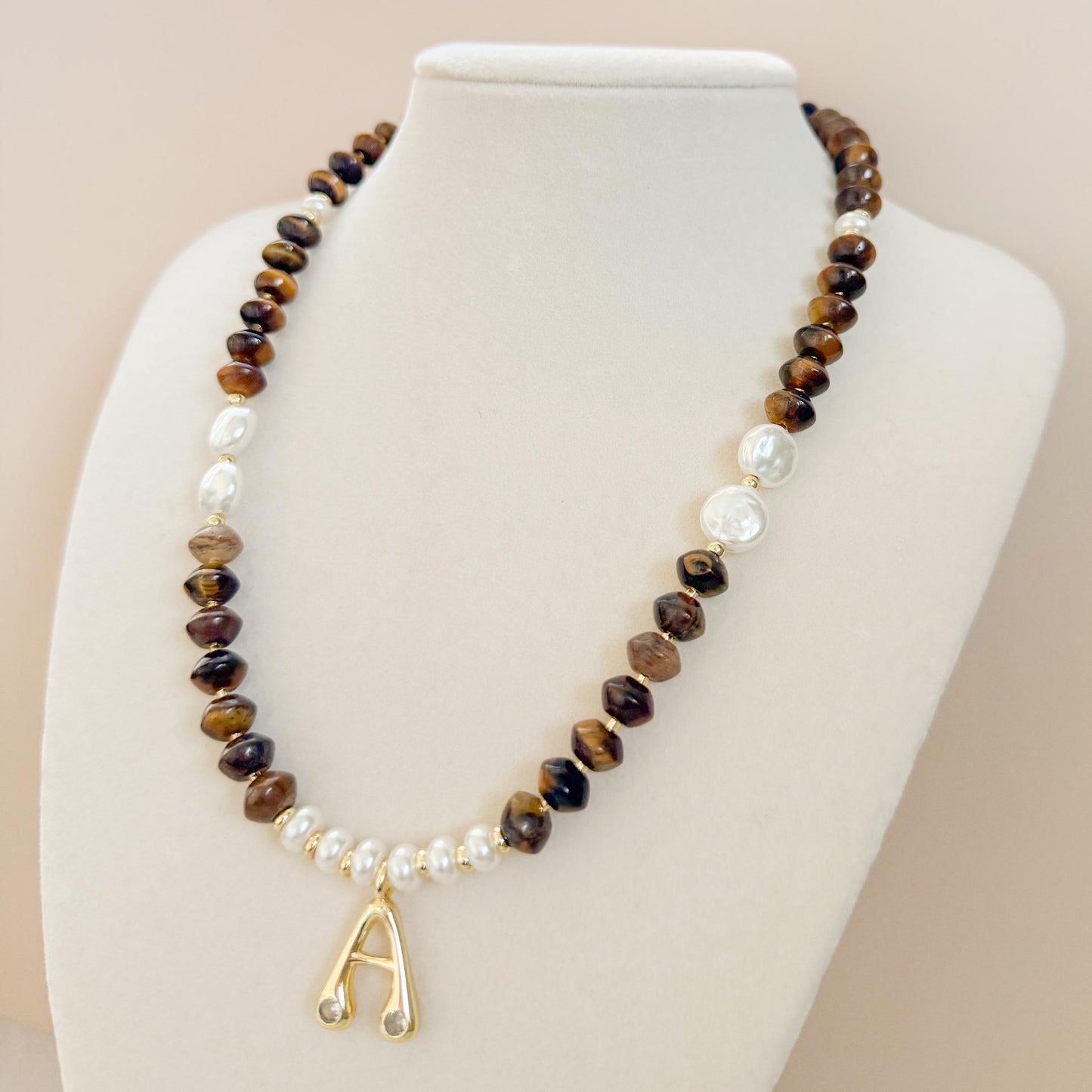 Initial with Stone and Pearl Beaded Necklace | 18k Gold Filled Beads with Tiger's Eye Gemstone Beads and Pearl | Letter Pendant