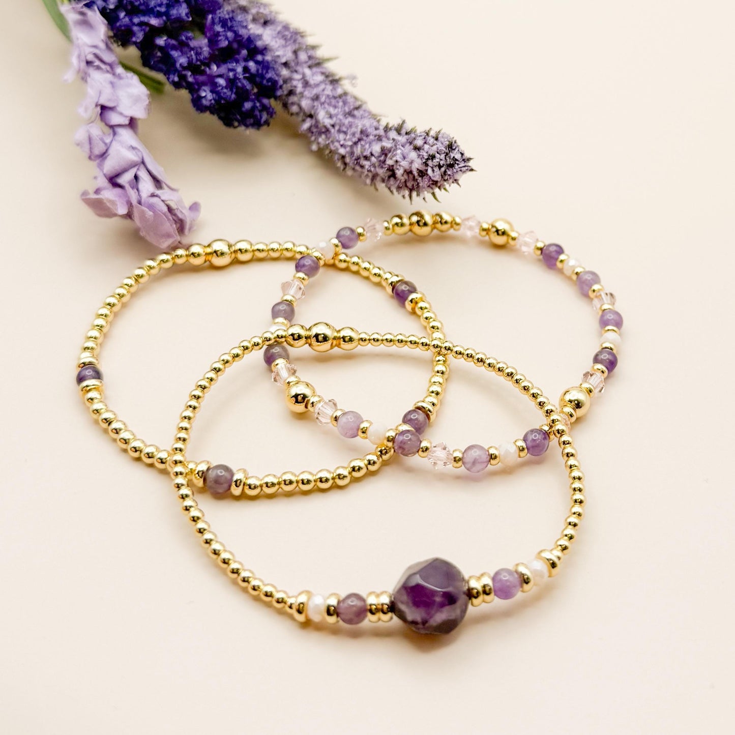 Plum Stack | 18k gold filled with purple stones and crystal beads | beaded stretch bracelet  | bracelet set | gift set