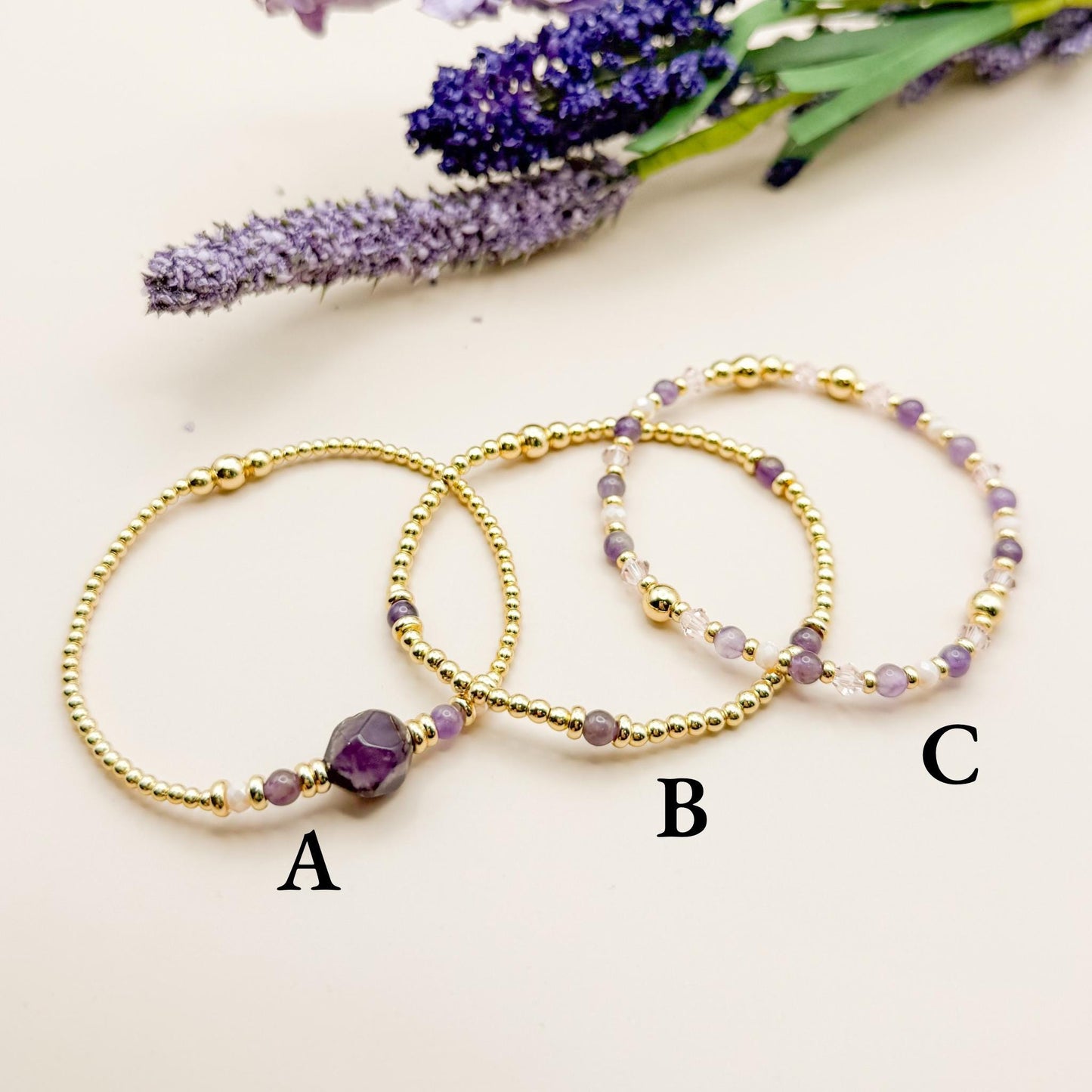 Plum Stack | 18k gold filled with purple stones and crystal beads | beaded stretch bracelet  | bracelet set | gift set