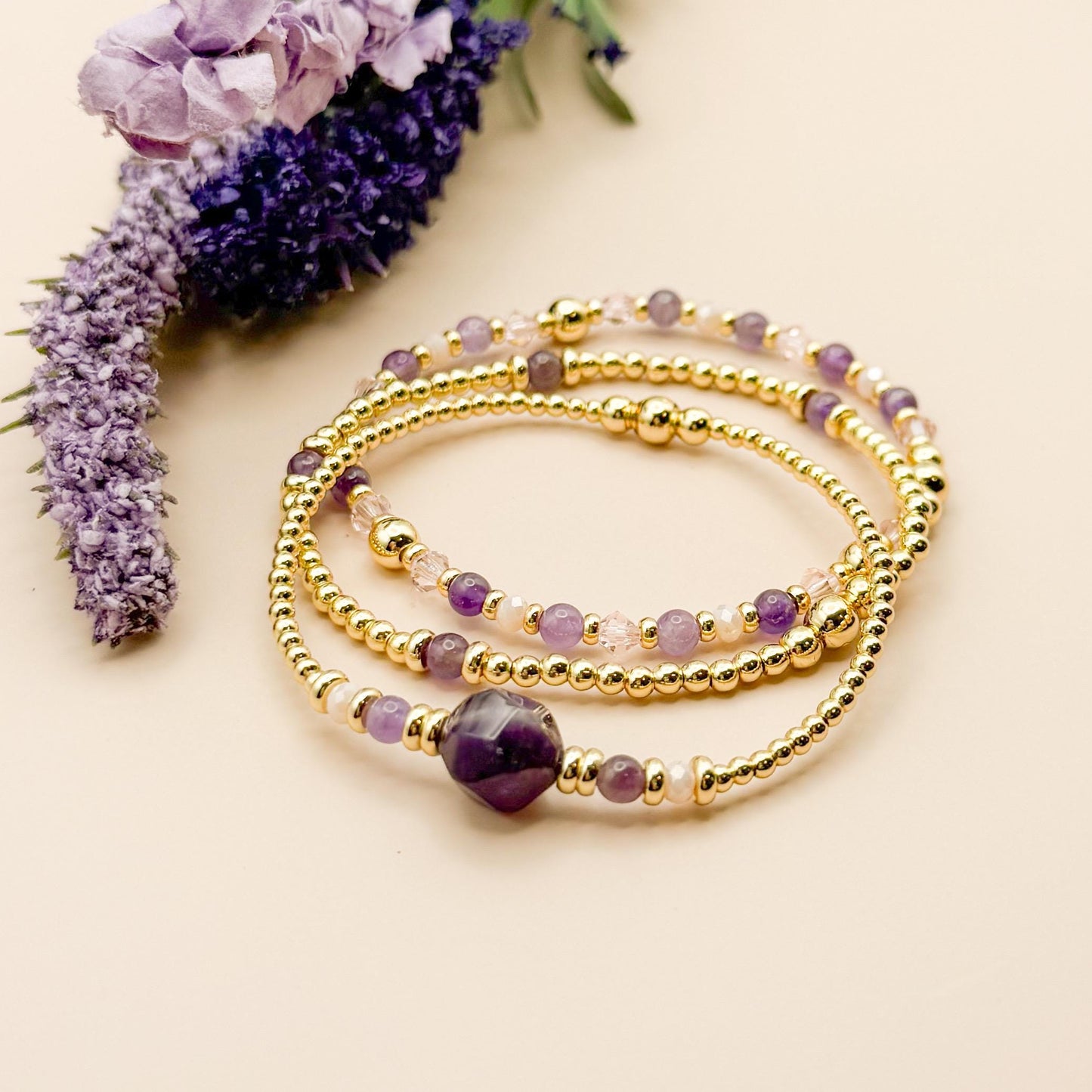 Plum Stack | 18k gold filled with purple stones and crystal beads | beaded stretch bracelet  | bracelet set | gift set