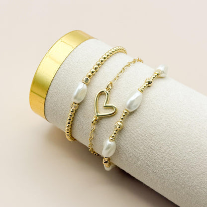Pearl and Heart Stack | 18k gold filled with Pearl Beads and Heart Chain Bracelet |Beaded Stretch Bracelet | Chain