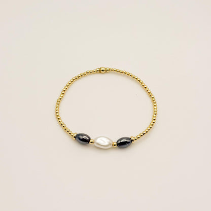 Grey & Pearl Stacking Bracelets | 18k gold filled with Grey and Pearl Beads Bracelet |Beaded Stretch Bracelet | Build Your Own Stack