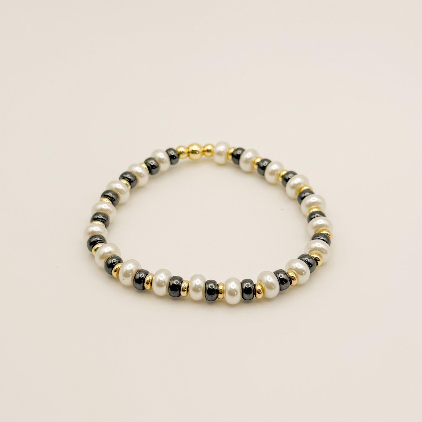 Grey & Pearl Stacking Bracelets | 18k gold filled with Grey and Pearl Beads Bracelet |Beaded Stretch Bracelet | Build Your Own Stack