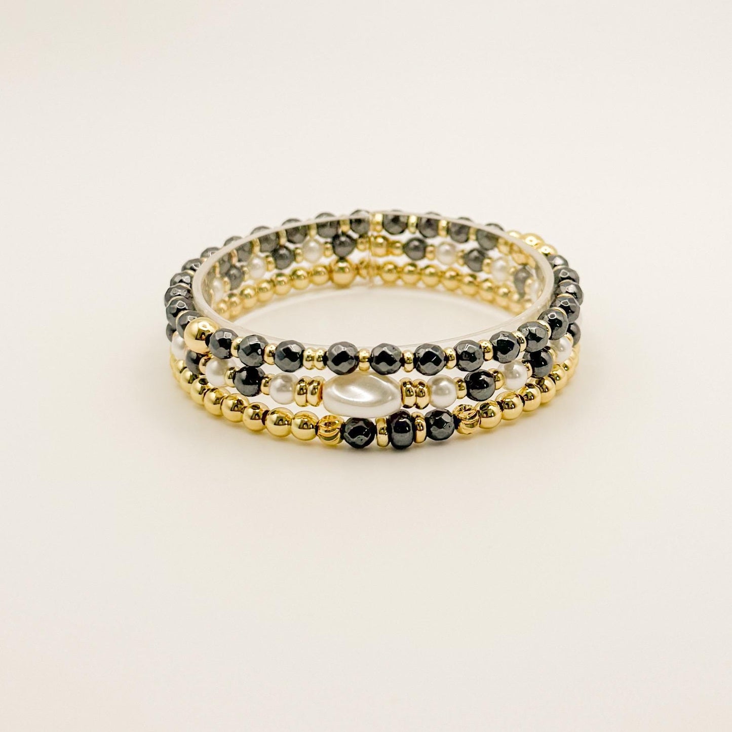 Grey & Pearl Stacking Bracelets | 18k gold filled with Grey and Pearl Beads Bracelet |Beaded Stretch Bracelet | Build Your Own Stack