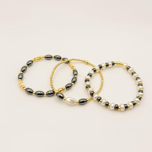 Grey & Pearl Stacking Bracelets | 18k gold filled with Grey and Pearl Beads Bracelet |Beaded Stretch Bracelet | Build Your Own Stack