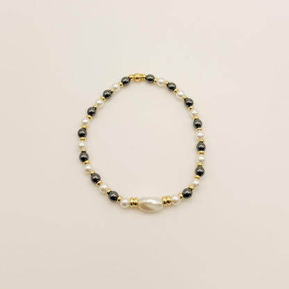 Grey & Pearl Stacking Bracelets | 18k gold filled with Grey and Pearl Beads Bracelet |Beaded Stretch Bracelet | Build Your Own Stack