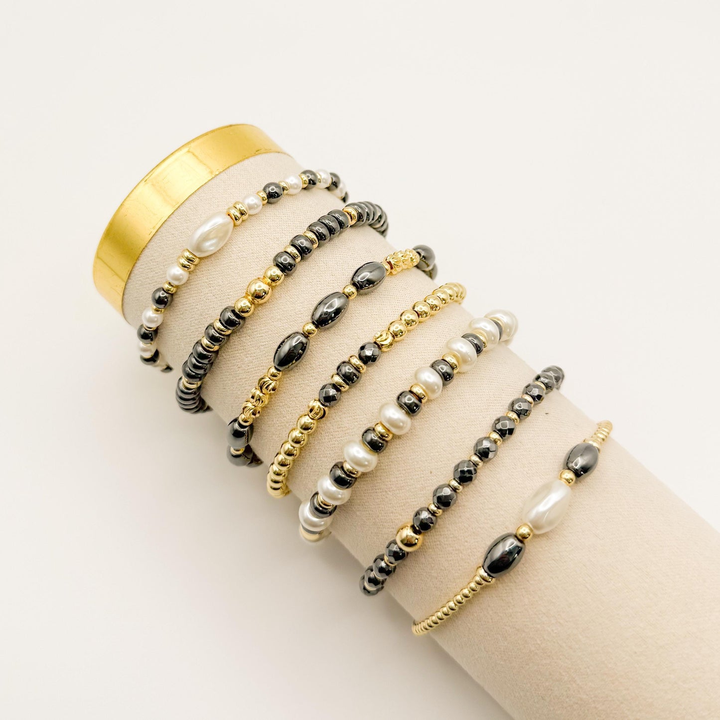 Grey & Pearl Stacking Bracelets | 18k gold filled with Grey and Pearl Beads Bracelet |Beaded Stretch Bracelet | Build Your Own Stack