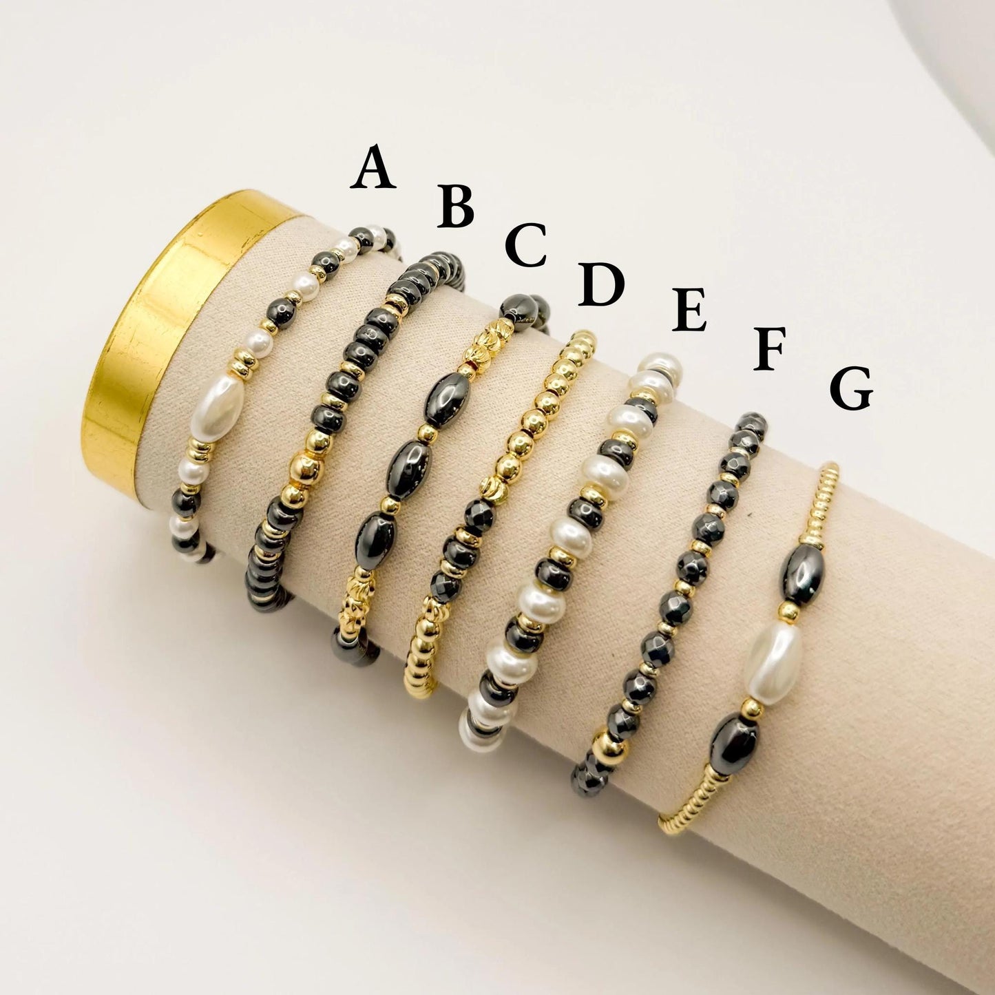 Grey & Pearl Stacking Bracelets | 18k gold filled with Grey and Pearl Beads Bracelet |Beaded Stretch Bracelet | Build Your Own Stack