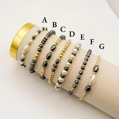 Grey & Pearl Stacking Bracelets | 18k gold filled with Grey and Pearl Beads Bracelet |Beaded Stretch Bracelet | Build Your Own Stack