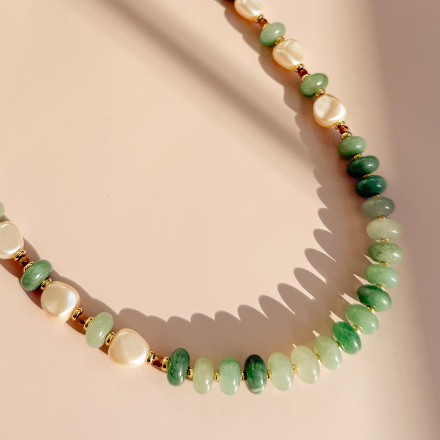 Green Stone and Pearl Beaded Necklace | 18k Gold Filled Beads with Stone Beads and Pearl