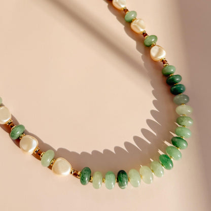 Green Stone and Pearl Beaded Necklace | 18k Gold Filled Beads with Stone Beads and Pearl