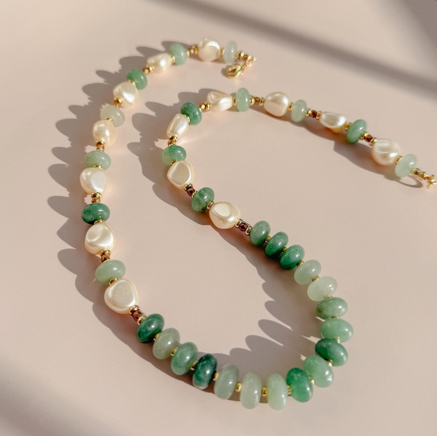 Green Stone and Pearl Beaded Necklace | 18k Gold Filled Beads with Stone Beads and Pearl