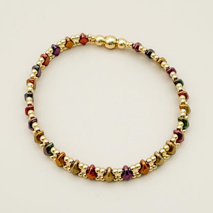 Horizon Bracelet | 18k Gold Filled with Mini Multicolor Diamond Shape Bead | Link Design | Beaded Stretch Bracelet | Dainty | Brown & Golden
