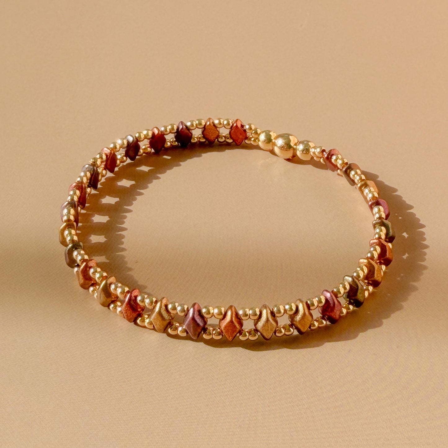 Horizon Bracelet | 18k Gold Filled with Mini Multicolor Diamond Shape Bead | Link Design | Beaded Stretch Bracelet | Dainty | Brown & Golden