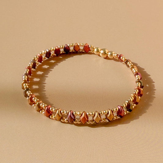 Horizon Bracelet | 18k Gold Filled with Mini Multicolor Diamond Shape Bead | Link Design | Beaded Stretch Bracelet | Dainty | Brown & Golden