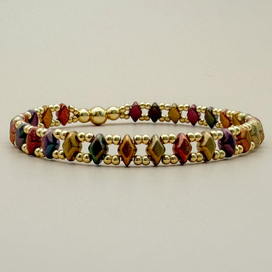 Horizon Bracelet | 18k Gold Filled with Mini Multicolor Diamond Shape Bead | Link Design | Beaded Stretch Bracelet | Dainty | Brown & Golden