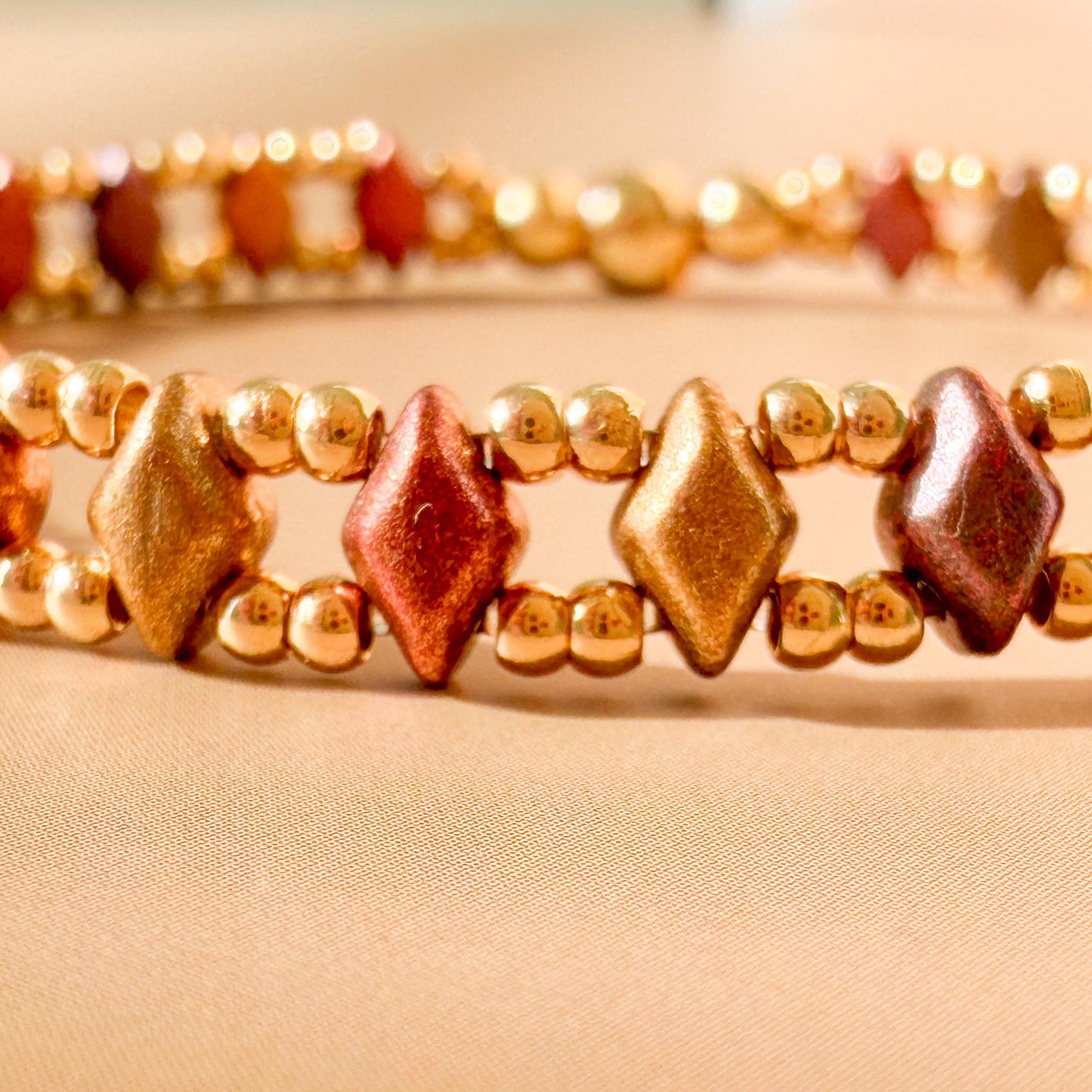 Horizon Bracelet | 18k Gold Filled with Mini Multicolor Diamond Shape Bead | Link Design | Beaded Stretch Bracelet | Dainty | Brown & Golden