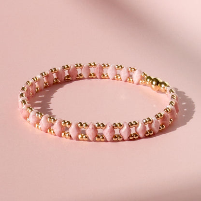 Aurora Bracelet | 18k Gold Filled with Mini Pink Diamond Shape Bead | Link Design | Beaded Stretch Bracelet | Dainty Bracelet |
