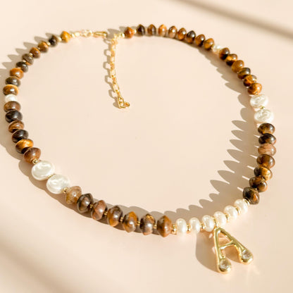 Initial with Stone and Pearl Beaded Necklace | 18k Gold Filled Beads with Tiger's Eye Gemstone Beads and Pearl | Letter Pendant