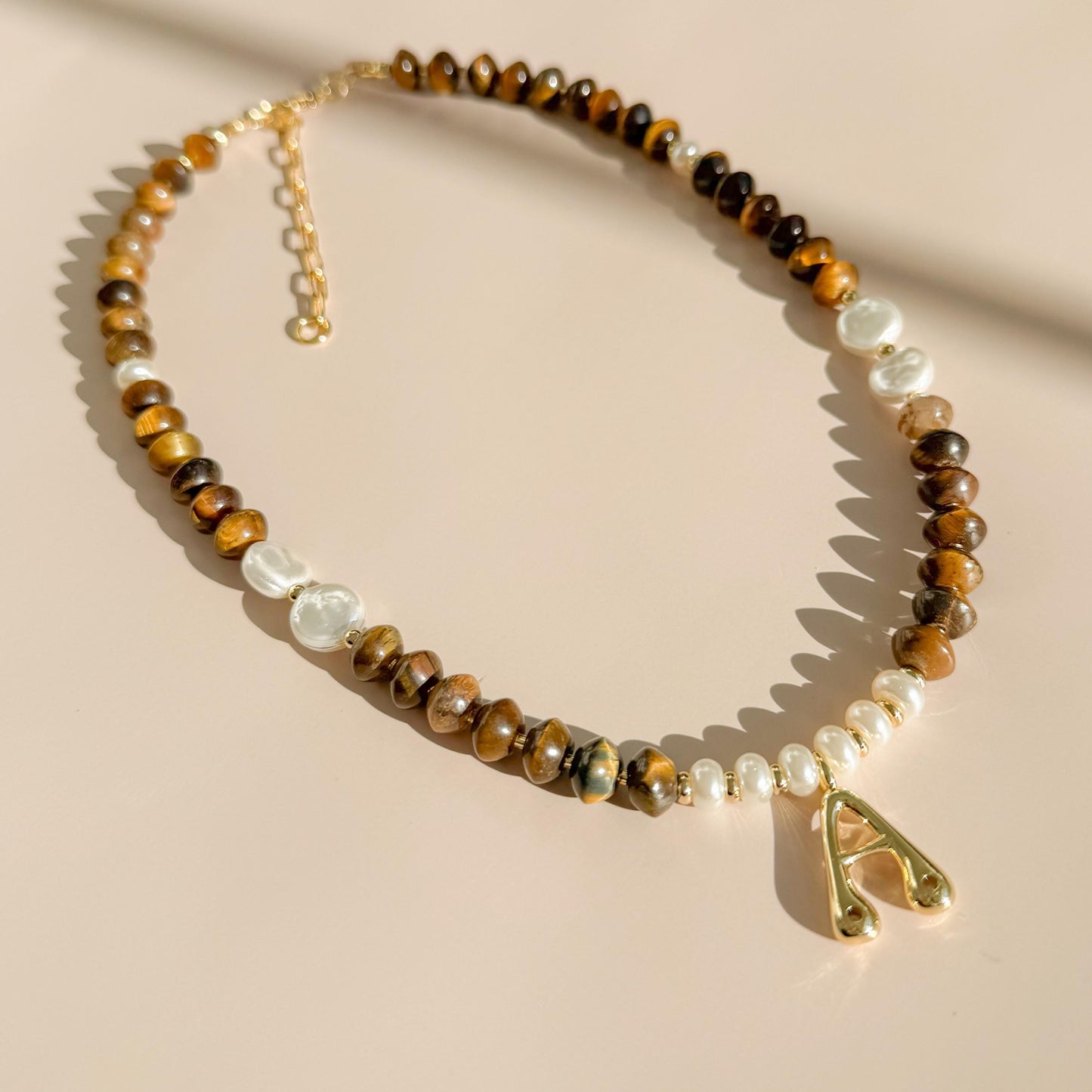 Initial with Stone and Pearl Beaded Necklace | 18k Gold Filled Beads with Tiger's Eye Gemstone Beads and Pearl | Letter Pendant