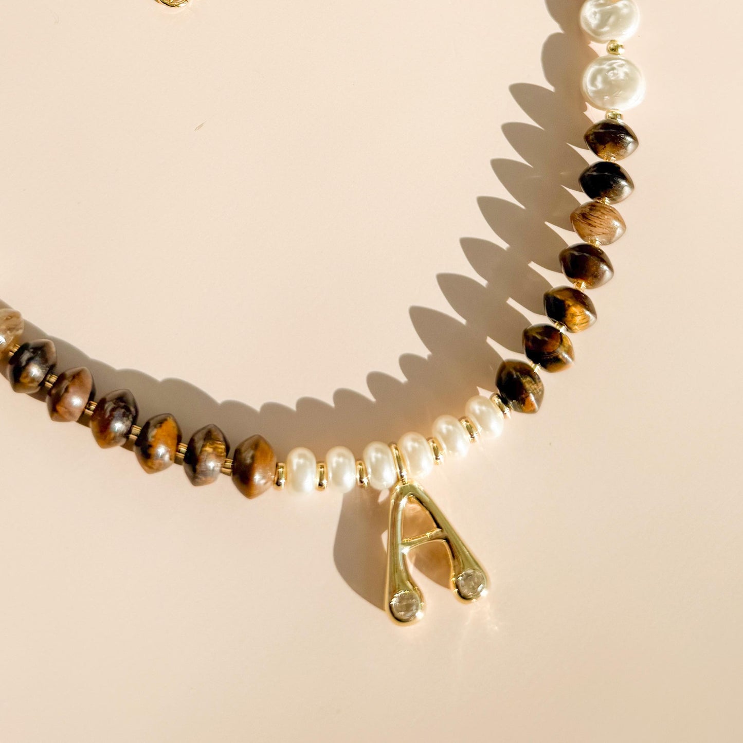 Initial with Stone and Pearl Beaded Necklace | 18k Gold Filled Beads with Tiger's Eye Gemstone Beads and Pearl | Letter Pendant