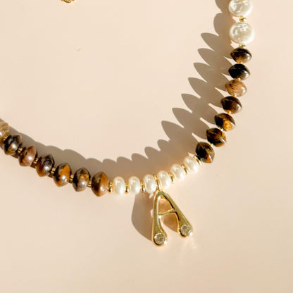 Initial with Stone and Pearl Beaded Necklace | 18k Gold Filled Beads with Tiger's Eye Gemstone Beads and Pearl | Letter Pendant