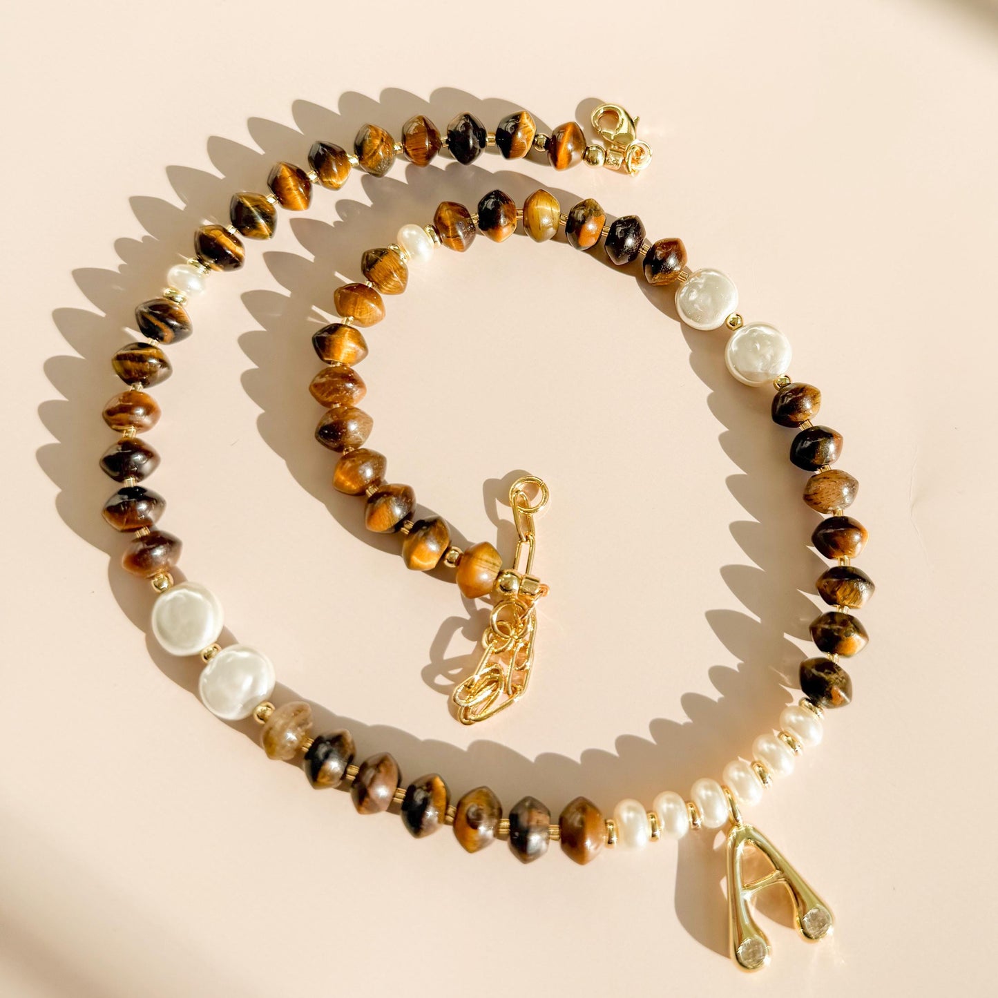 Initial with Stone and Pearl Beaded Necklace | 18k Gold Filled Beads with Tiger's Eye Gemstone Beads and Pearl | Letter Pendant