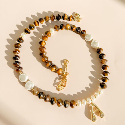 Initial with Stone and Pearl Beaded Necklace | 18k Gold Filled Beads with Tiger's Eye Gemstone Beads and Pearl | Letter Pendant