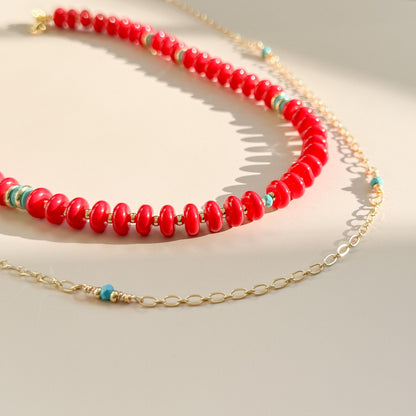 Red Beaded with Turquoise Necklace Set | 18k Gold Filled Beads with Red and Turquoise Beads and Chain Necklace | Layered Necklace