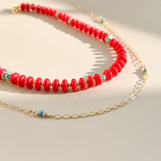 Red Beaded with Turquoise Necklace Set | 18k Gold Filled Beads with Red and Turquoise Beads and Chain Necklace | Layered Necklace