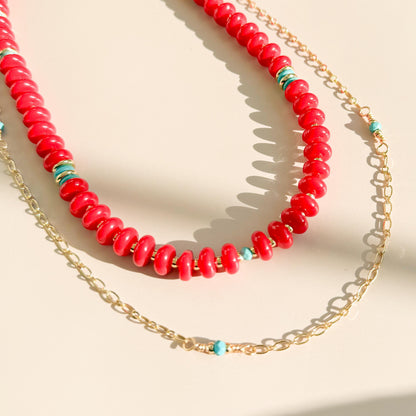 Red Beaded with Turquoise Necklace Set | 18k Gold Filled Beads with Red and Turquoise Beads and Chain Necklace | Layered Necklace