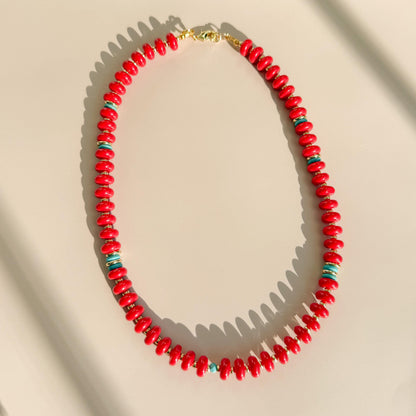 Red Beaded with Turquoise Necklace Set | 18k Gold Filled Beads with Red and Turquoise Beads and Chain Necklace | Layered Necklace