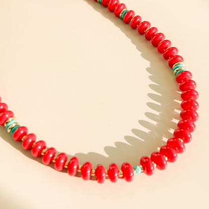 Red Beaded with Turquoise Necklace Set | 18k Gold Filled Beads with Red and Turquoise Beads and Chain Necklace | Layered Necklace