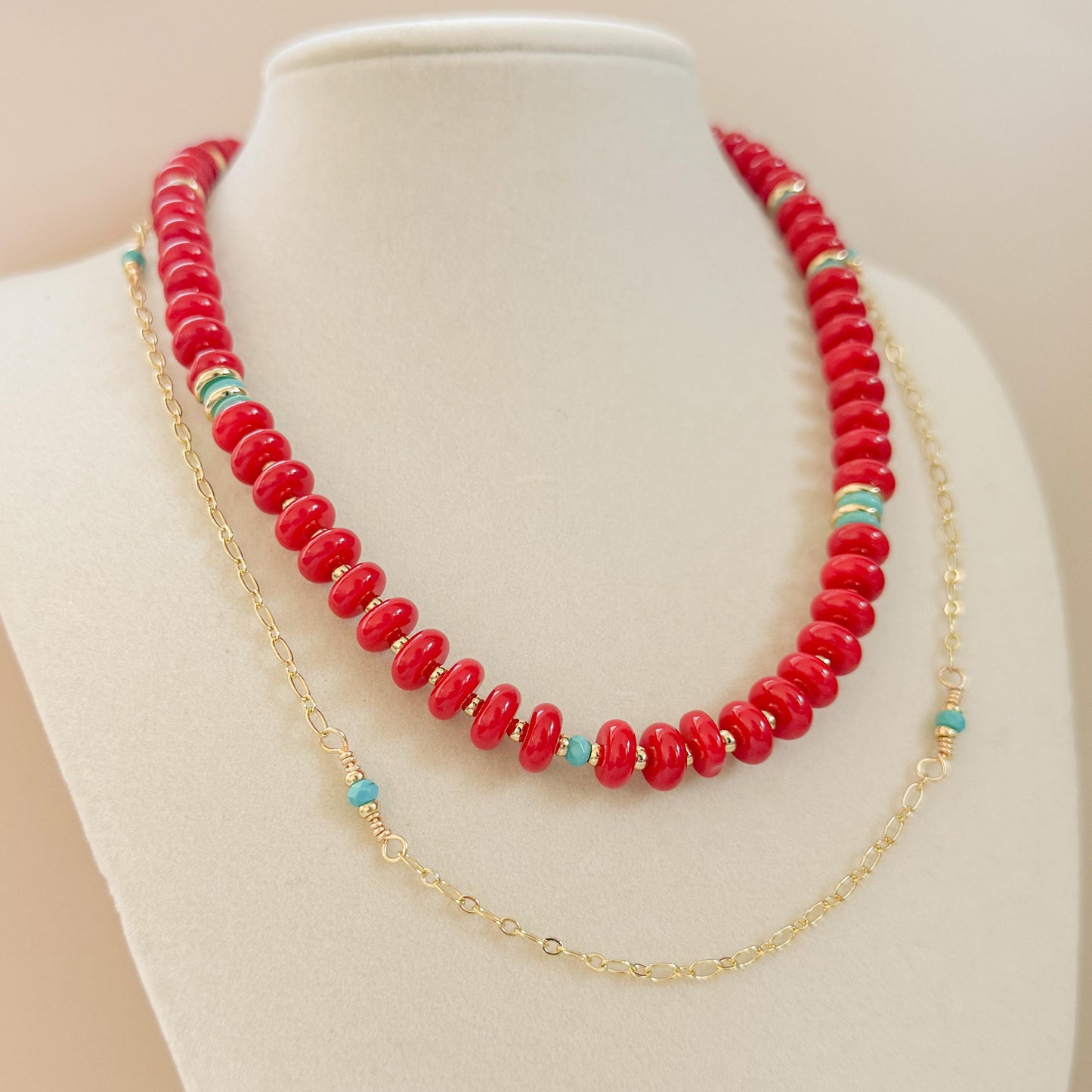 Red Beaded with Turquoise Necklace Set | 18k Gold Filled Beads with Red and Turquoise Beads and Chain Necklace | Layered Necklace