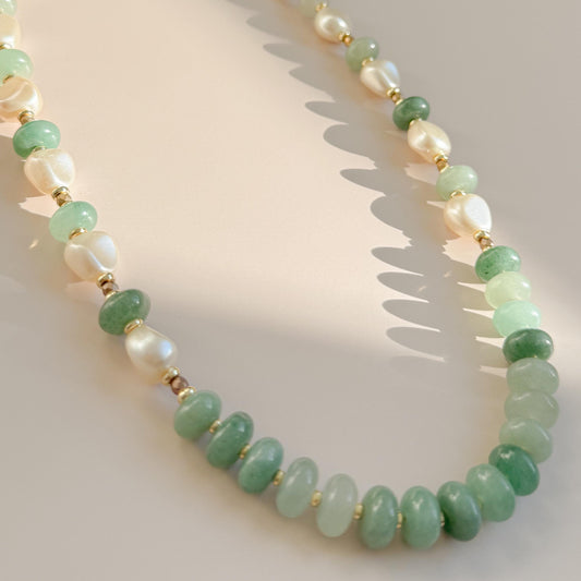 Green Stone and Pearl Beaded Necklace | 18k Gold Filled Beads with Stone Beads and Pearl