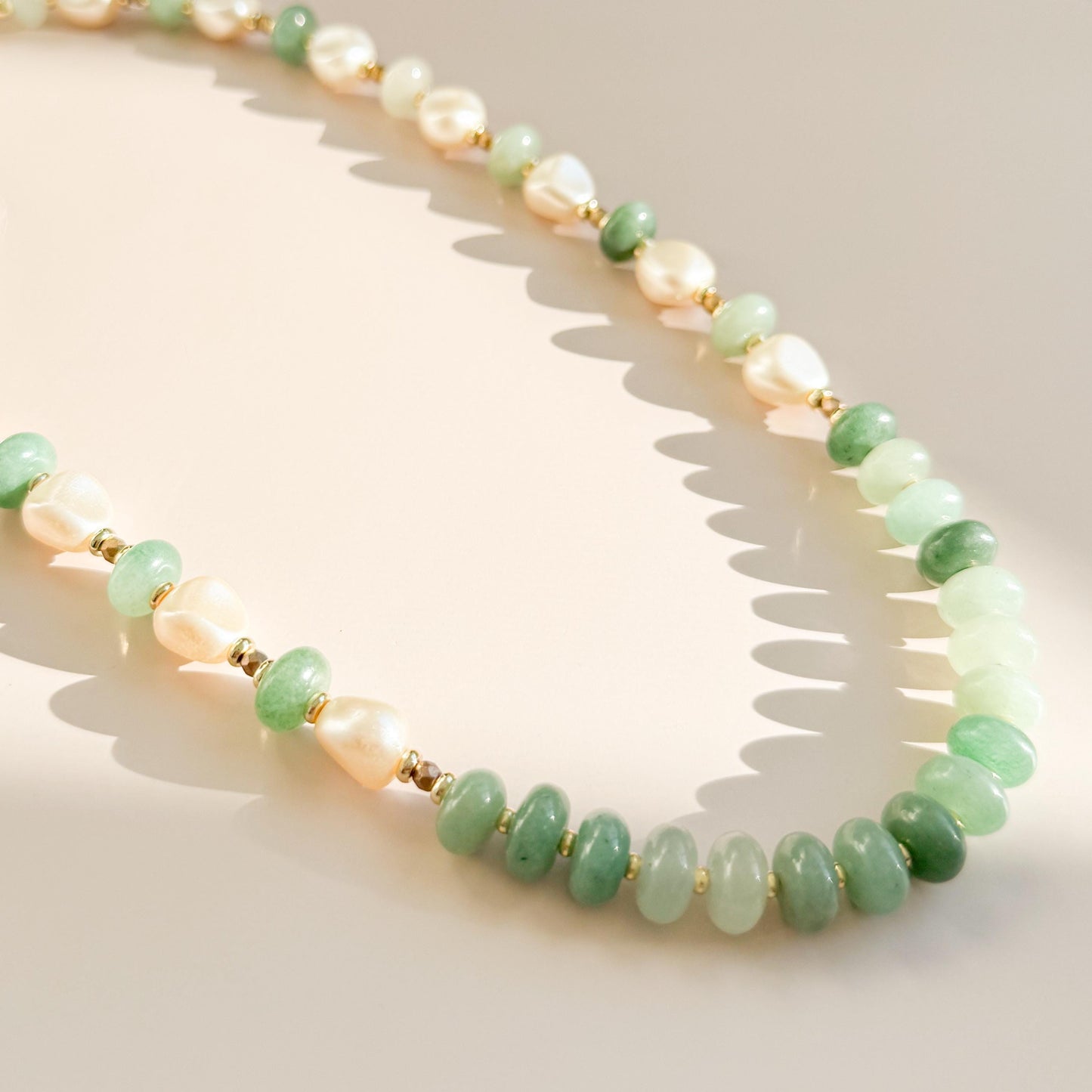 Green Stone and Pearl Beaded Necklace | 18k Gold Filled Beads with Stone Beads and Pearl